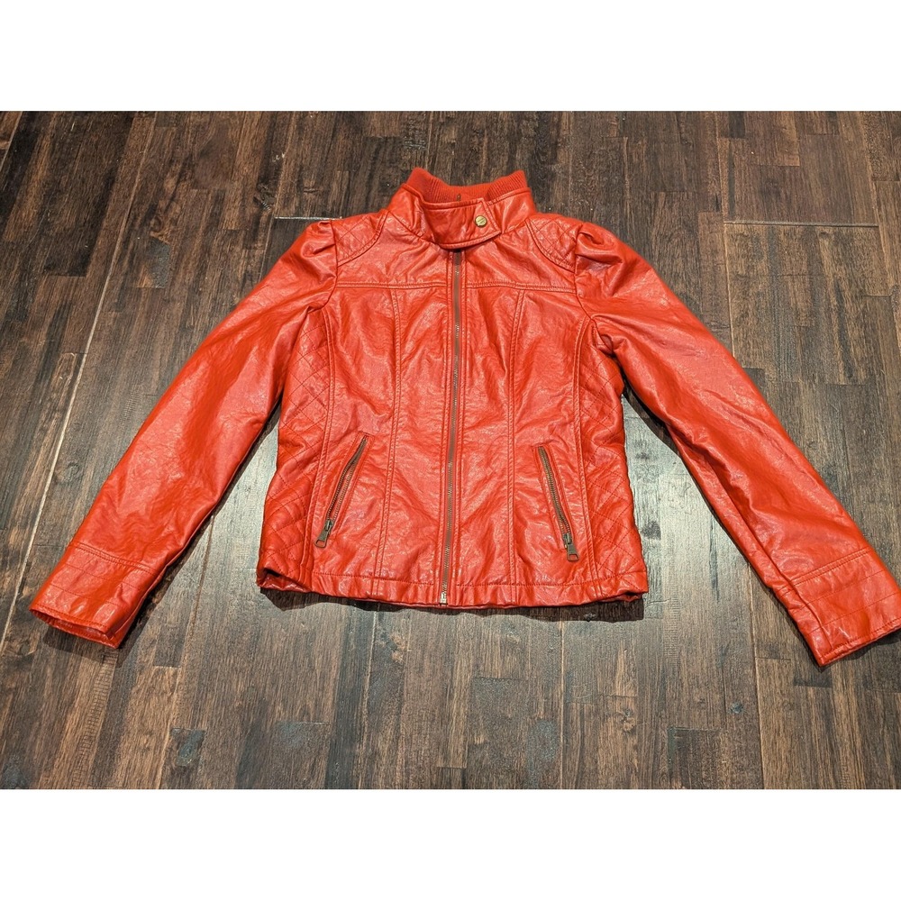 Retro Madden Girl Jacket Womens Medium Red Faux Leather Moto Quilted Print Lined